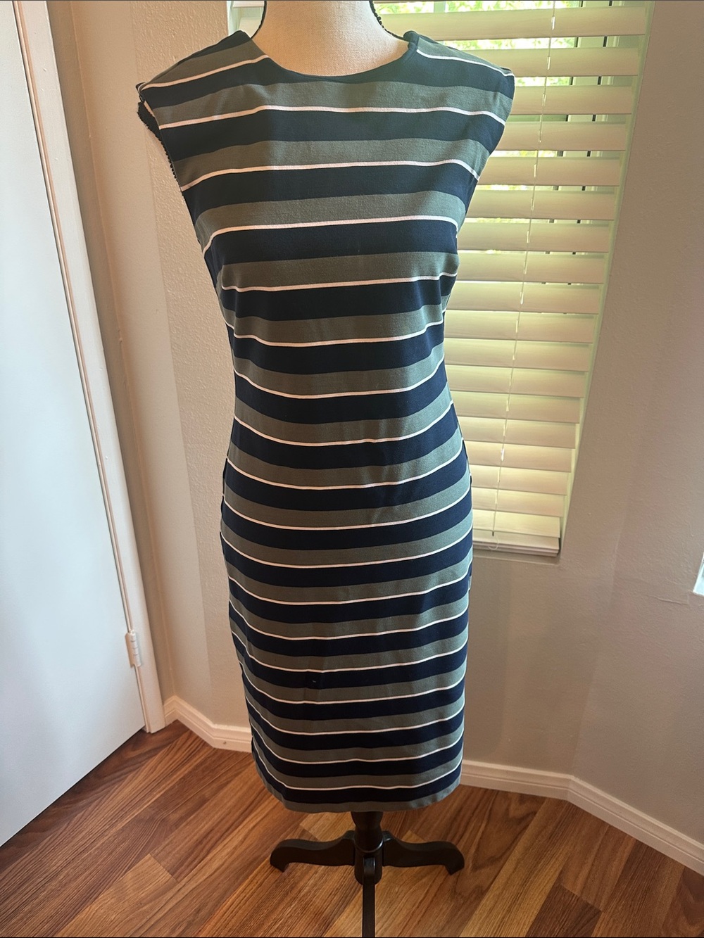 Banana Republic Navy and White Striped Midi Sheath Dress